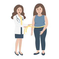 Female nutritionist doctor with stethoscope measuring obese female patient waist. Healthy diet, nutrition consultation and weight loss concept. Flat vector illustration.