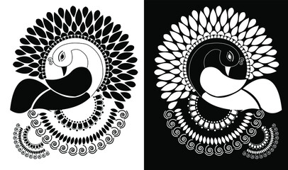 Abstract peacock design with mandala petals and spirals isolated on black and white background - vector illustration