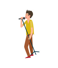 Music performance concert man with microphone vector. Isolated stylish man with mike musician vocalist with mic entertaining people, person at karaoke
