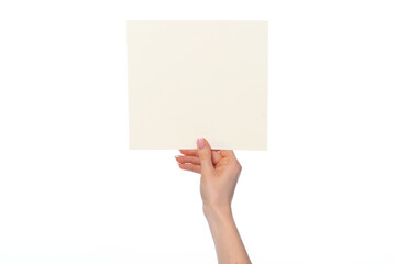 Fototapeta premium Female hand holding blank white sheet of paper isolated on white