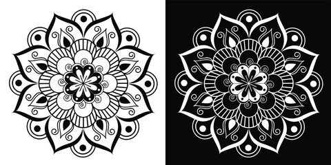 Beautiful Indian traditional and cultural Rangoli mandala design concept of floral art isolated on black and white background