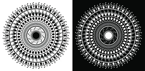 black and white round ornamental mandala design isolated on black and white background