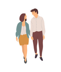 Fototapeta premium Smiling dating couple walking together isolated people. Vector young cartoon characters on walk, happy just married lovers holding hands spend time together