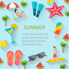 Summertime background with summer symbols, vector illustration. Frame with flat icons set include beach umbrella, palms, flippers, flip flops, sunglasses,  man surfing, woman sunbathing