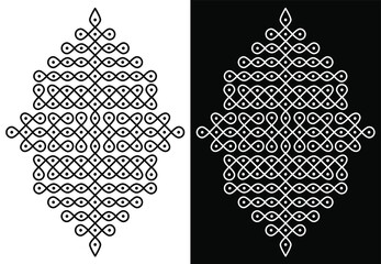 Circles, Squares and dots - Indian Traditional and cultural Rangoli vector line art with Black and white background