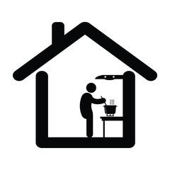 Cook at from home. Pictogram depicting man doing home cooking. Stay at home lockdown due to Covid-19. Black and white eps vector. 