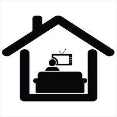 Watching TV at home. Pictogram depicting man sitting on sofa couch watching TV movie show from home. Pandemic lock down stay at home. Black and white EPS