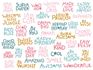 Fototapeta premium Childish lettering set. Many different phrases for postcards. Hand drawn letters in scandinavian style in vector. Pastel palette. Baby shower