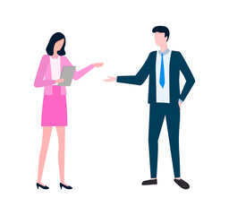 Fototapeta premium People at work vector, man and woman discussing details of business projects, businessman and secretary with documents, documentation paper flat style