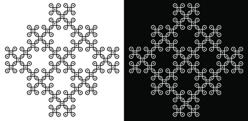 Indian traditional and cultural Rangoli or kolam design concept of curved lines and dots isolated on black and white background