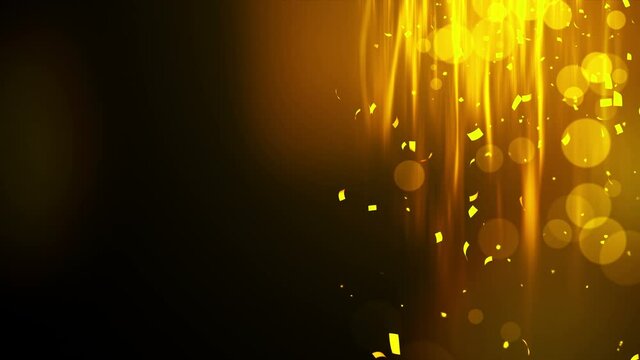 Falling shiny golden confetti. Bright festive tinsel of gold color. Bokeh lights on black background. Shining waves design. Loop animation. Copy space for text.