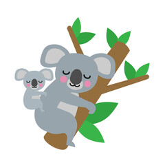 cute koala bear and baby on branch vector illustration