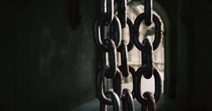 Metal chain hanging. Rusty steel  chain links close-up. 3d rendering