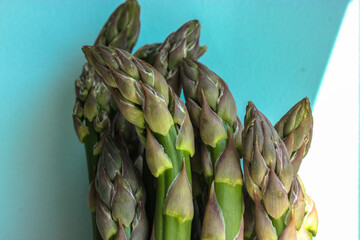 Asparagus. Fresh green asparagus on a light blue clear background. 
