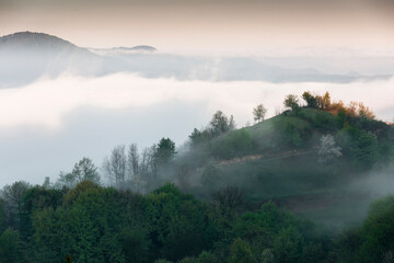 Fototapeta na wymiar morning foggy landscape in northeastern Bosnia