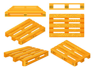 Wooden pallets. Top, front, side, perspective and isometric views of wooden pallet objects set. Platforms for freight transportation collection. Cargo logistics and distribution