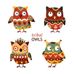 Set of cute indian owl. Collection of tribal owls on white background. Colorful animal characters for graphic design logo or decoration. Vector illustration in cartoon style
