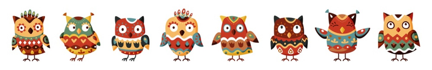 Set of cute indian owl. Collection of tribal owls on white background. Colorful animal characters for graphic design logo or decoration. Isolated vector illustration in cartoon style