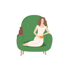 Woman sitting in armchair and eating vector, lady relaxing holding bowl with meal laying by domestic pet. Person at home after working day isolated