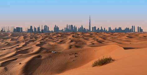 Dubai skyline and desert landscape. - obrazy, fototapety, plakaty