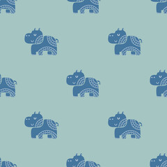 Cute childish seamless vector pattern with hippopotamus in Scandinavian style