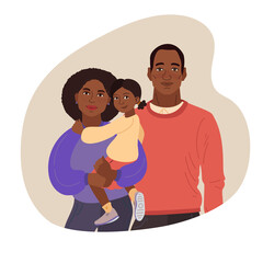 Young African-American family portrait.. Mom, dad and daughter. Vector illustration simple shapes.