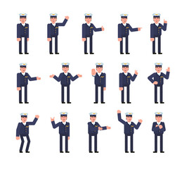 Set of airline pilot characters showing various hand gestures. Pilot pointing, greeting, showing thumb up, victory sign and other gestures. Minimal design vector illustration © paper_owl