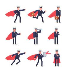 Set of airline pilot characters in red super hero cloak showing various actions. Minimal design vector illustration