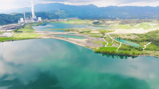 Coal TE&Scaron; Power Station by the Velenje Lake, Slovenia. Aerial forward