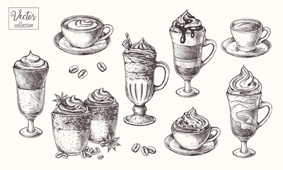 Coffee. Types of coffee. The drinks. Cocktails. Dalgona coffee. Vector Hand Drawn. Sketch Botanical Illustration. 