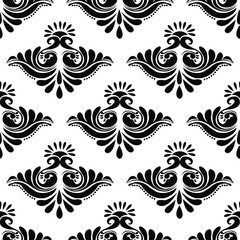 Alpona design concept of two peacock dancing together with flower petals isolated on white background is in Seamless pattern 