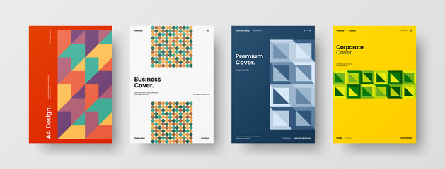Naklejka premium Company identity brochure template collection. Business presentation vector A4 vertical orientation front page mock up set. Corporate report cover abstract geometric illustration design layout bundle.