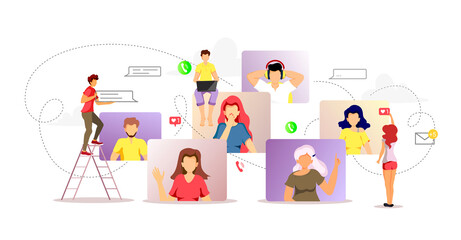 Group of people talking by internet. Video conferencing, Online meeting, Work at home, Distance learning, communication concept. Vector illustration for poster, banner, presentation, commercial.