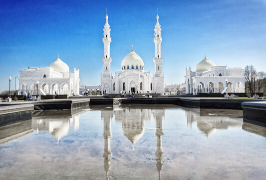 White mosque in Bolgar city in the water, Tatarstan, Russia
