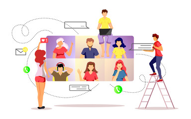 Group of people talking by internet. Video conferencing, Online meeting, Work at home, Distance learning, communication concept. Vector illustration for poster, banner, presentation, commercial.