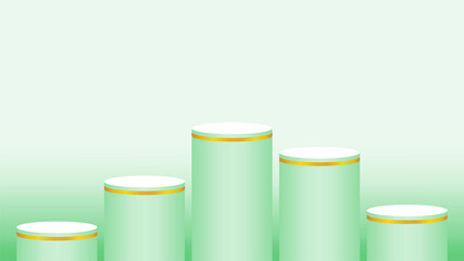 pedestal cylinder circle green pastel color for cosmetics showcase, podium circle stage green soft color, platform 5 steps and advertising copy space, podium round five layers of product display