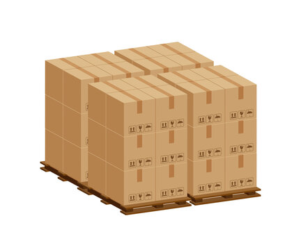 pile crate boxes 3d on wooden pallet, wood pallet with cardboard box in factory warehouse storage, cardboard parcel boxes stack of warehouse factory, packaging cargo, boxes brown isolated on white