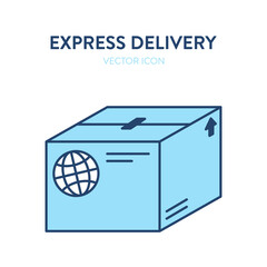 Delivery box icon. Vector illustration of international parcel box with marks and globe sign on it. Sealed mail box. It represents a concept of international delivery, logistic service, world shipping