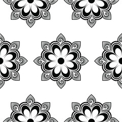 Beautiful Indian Traditional and Cultural Rangoli mandala design concept of floral art with conch shells isolated on white background is in Seamless pattern