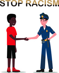 stop racism, a policeman shakes hands with a black man, the peaceful conclusion of the revolution, the end of the rally, black lives matter, stock vector illustration isolated on white background