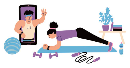 A woman training  at home with her coach in a smartphone. She has sport equipment fitball, jump rope and dumbbells. Plank exercise. Online workout concept. Vector illustration isolated on white.