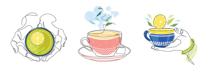 A cup of tea in the hands. Tea cups. Tea party.