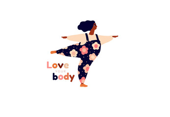 Happy girl dancing. Body positive card. Love yourself, your body lettering type. Female freedom, girl power or international women's day vector illustration.