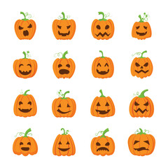 Cartoon Pumpkin Faces Flat Icons 