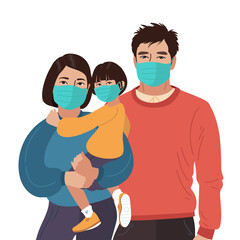 Mother Father daughter wear medical masks. Virus and disease prevention. Asian Persons. Vector Family illustration