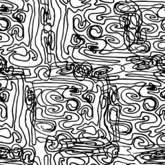 Seamless vector pattern with abstract black scrawls on white background. Swirled brush strokes. Freehand scribbles, background. Brushstrokes, smears, lines, squiggle pattern. 