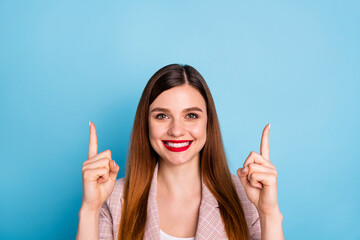 Portrait of positive confident girl promoter point index finger up copyspace present ads promotion...