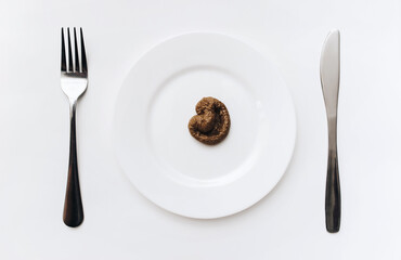 Plastic excrement of lies on a plate between fork and knife close-up on white tablecloths. The concept of an inept cook, fake news, a crappy restaurant, bad food, a taste of shit. Bad smelling joke.