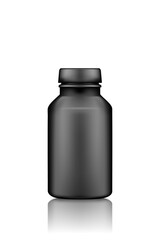 Black supplement or medicine pills plastic bottle mockup isolated on white background. Package design. Blank medicine, sport or dietary nutrition, healthcare template. 3d realistic vector illustration