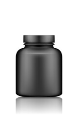Medicine pills or supplement black plastic bottle mockup isolated on white background. Package design. Blank medicine, fitness dietary nutrition, healthcare template. 3d realistic vector illustration